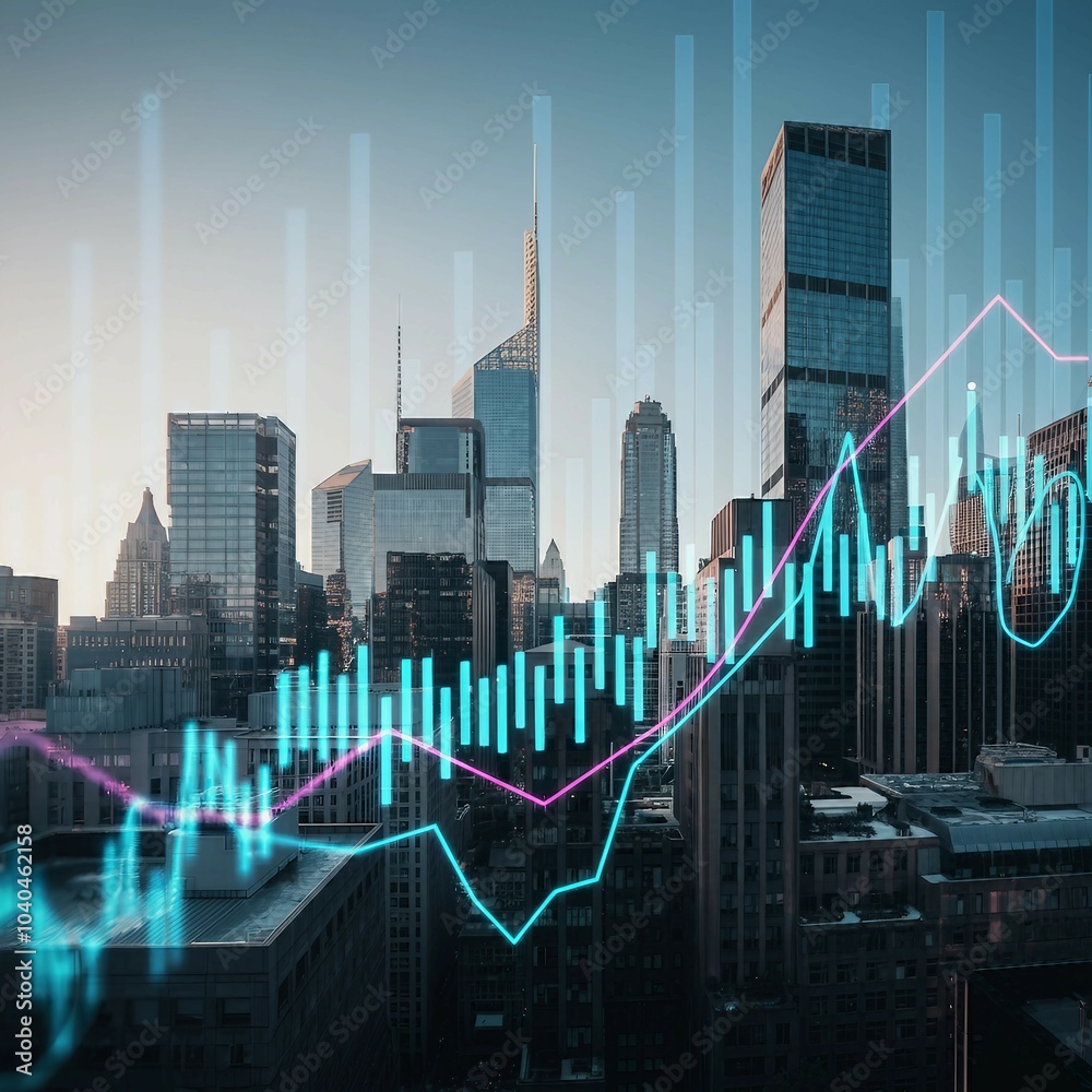 Cityscape and Financial Growth: Stock Market Trends Overlaid
