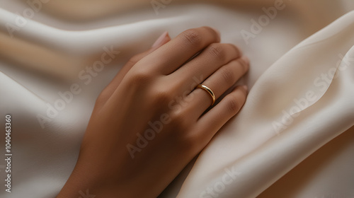 Wallpaper Mural Close-Up of Female Hand with Simple Gold Jewelry on Soft Beige Fabric – Warm Natural Light and Minimalist Composition, Editorial Aesthetic Torontodigital.ca