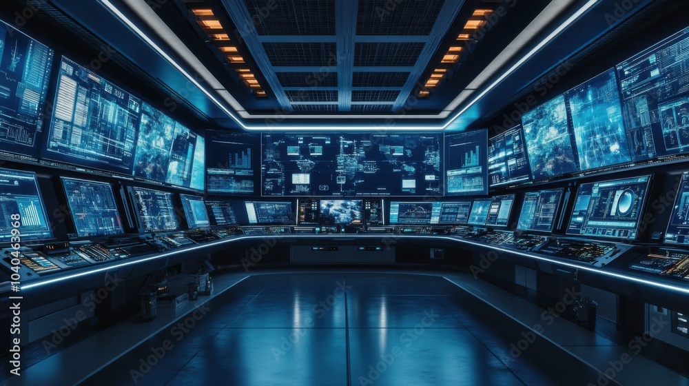 A cutting-edge space exploration control room, mission control center with monitors and satellite tracking systems, Futuristic style A cutting-edge space exploration control room, mission control center with monitors and satellite tracking systems, Futuristic style