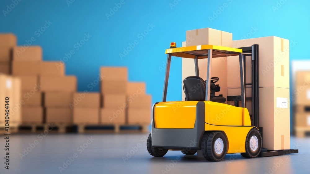 A yellow forklift lifting a box in a warehouse with stacked cardboard boxes in the background, depicting logistics and storage. A yellow forklift lifting a box in a warehouse with stacked cardboard boxes in the background, depicting logistics and storage.
