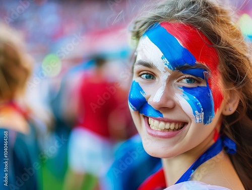 Joyful young female fan with national colors face paint at a sporting event