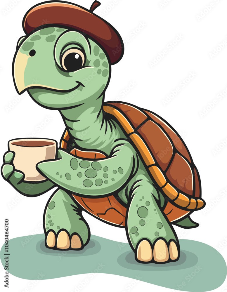 Fototapeta premium Cute cartoon-style turtle drinking coffee in the morning.eps