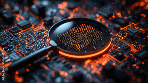 Cyber ​​security. Digital security concept with a magnifying glass and lock icon on a circuit board background, with orange neon light.
