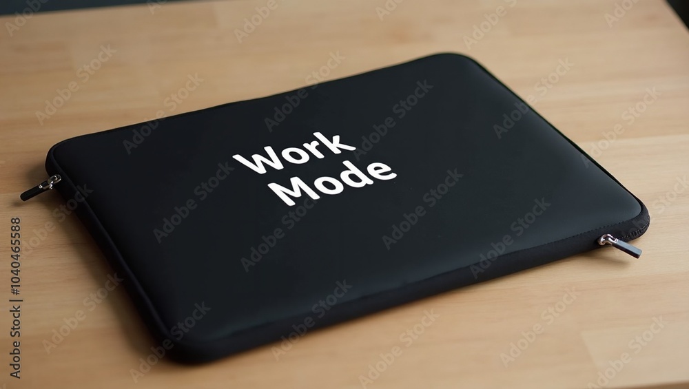 Stylish black laptop sleeve with Work Mode text on wooden desk Stylish black laptop sleeve with Work Mode text on wooden desk