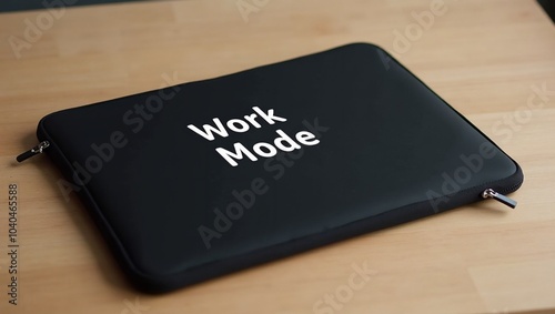 Stylish black laptop sleeve with Work Mode text on wooden desk