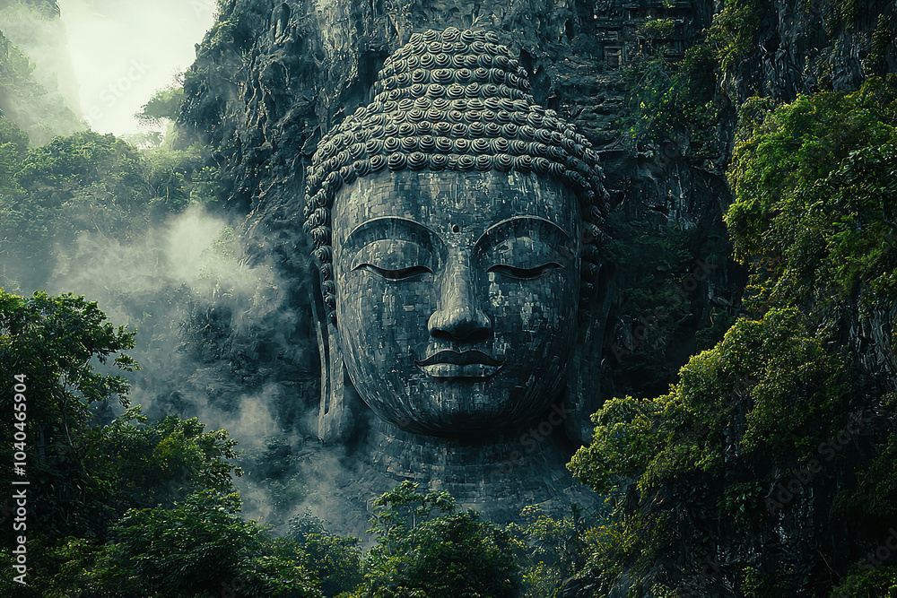 A massive Buddha statue carved into the mount A massive Buddha statue carved into the mount