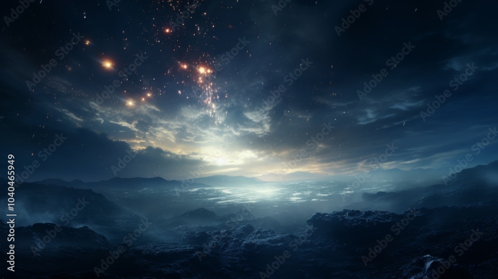 Naklejka premium Dreamy space design featuring stars, planets, and galaxies against a dark sky background