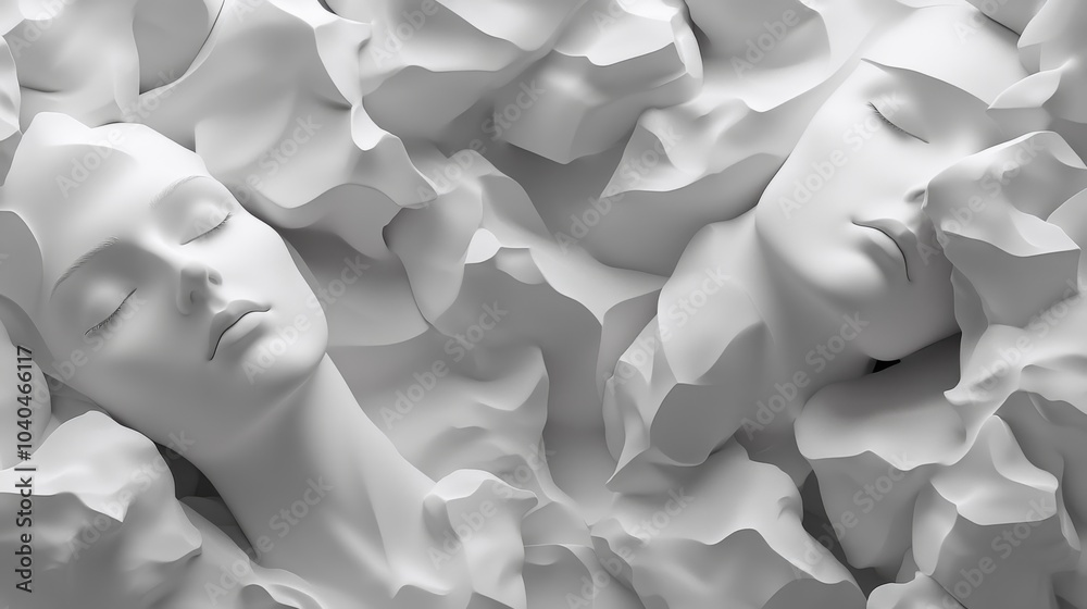 Artistic composition of white mannequins surrounded by textured white fabric, evoking a serene and dreamlike atmosphere. Artistic composition of white mannequins surrounded by textured white fabric, evoking a serene and dreamlike atmosphere.