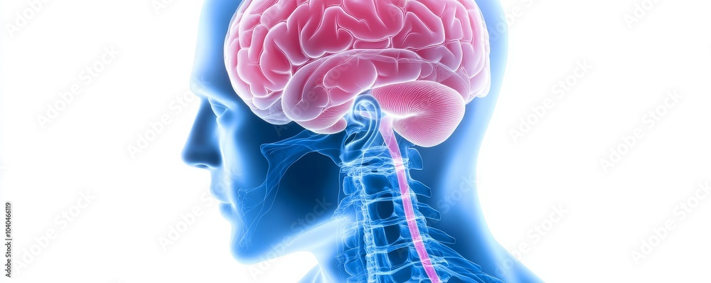 Anatomical illustration of the human brain and spinal cord in vibrant ...