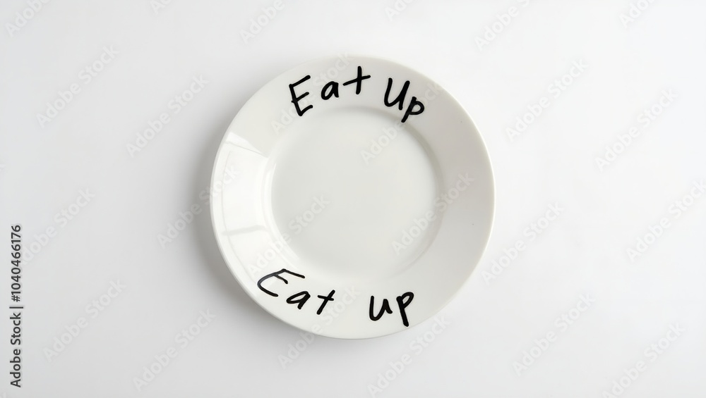 Empty white plate with Eat Up text on white table Empty white plate with Eat Up text on white table
