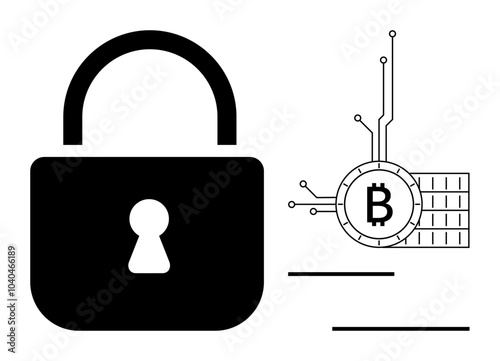 Black lock icon next to a stylized Bitcoin symbol with circuit-like extensions in monochrome. Ideal for themes Cryptocurrency, Security, Blockchain, Technology, Online Transactions. Simple modern