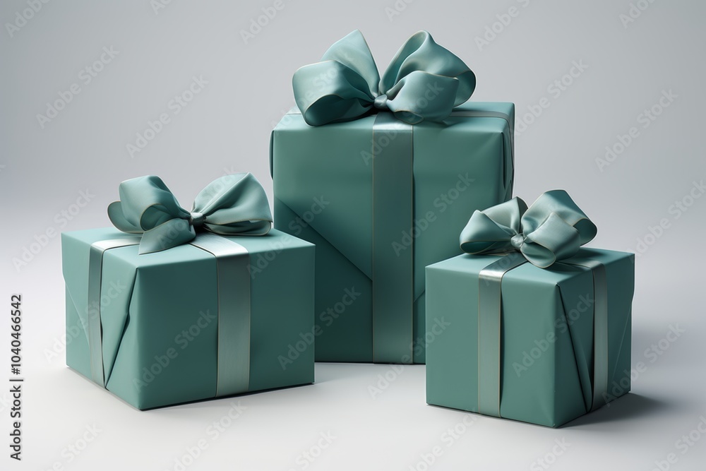 Obraz premium Minimalist holiday gifts elegant solid boxes in gray and turquoise with simple ribbons