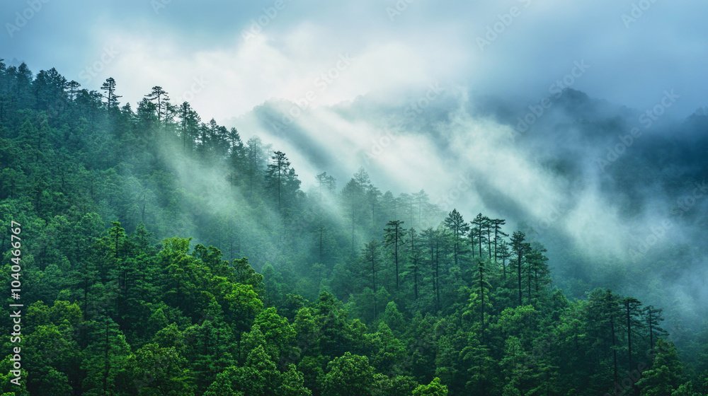 Bright rays of sunlight pierce through dark clouds over a dense forest in a dramatic natural setting