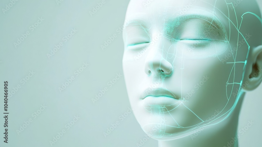 Close-up of a futuristic mannequin head with serene expression and glowing lines, symbolizing technology and modern design. Close-up of a futuristic mannequin head with serene expression and glowing lines, symbolizing technology and modern design.