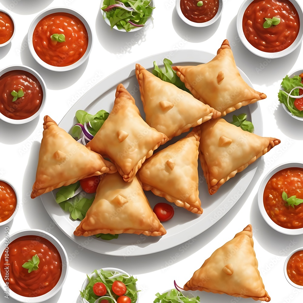 Samosas assortment with Tomato Sauce with some salad served