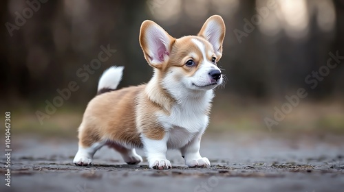 A cute Corgi puppy stands alert, showcasing its distinctive ears and fluffy coat against a softly blurred background.