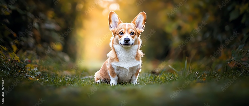 A fluffy corgi sits in a sunlit path surrounded by greenery, exuding warmth and charm in a serene outdoor setting. A fluffy corgi sits in a sunlit path surrounded by greenery, exuding warmth and charm in a serene outdoor setting.