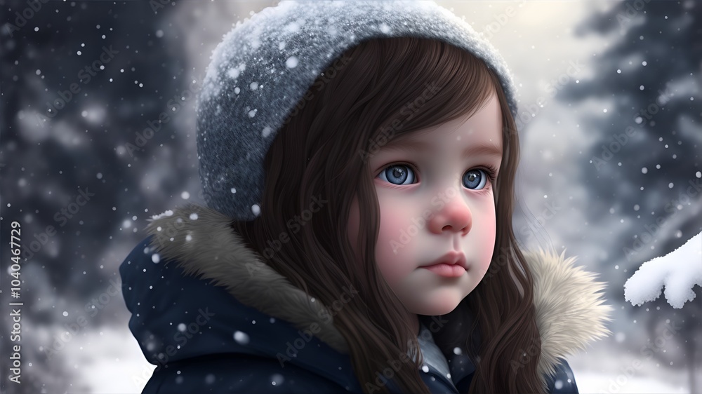 portrait of little girl with sad expression in winter clothes in park during snowfall in winter portrait of little girl with sad expression in winter clothes in park during snowfall in winter