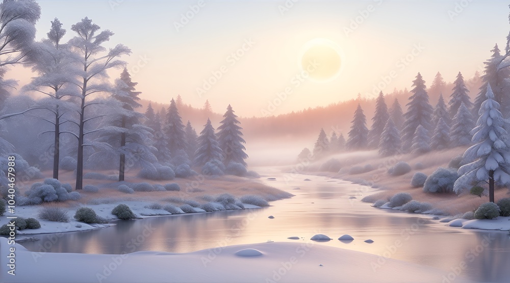 Winter landscape with spruce trees on the river bank in the morning during sunrise in 3d illustration style Winter landscape with spruce trees on the river bank in the morning during sunrise in 3d illustration style