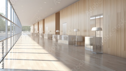 Elegant minimalist hallway featuring natural wood, glass accents, and customizable white banner