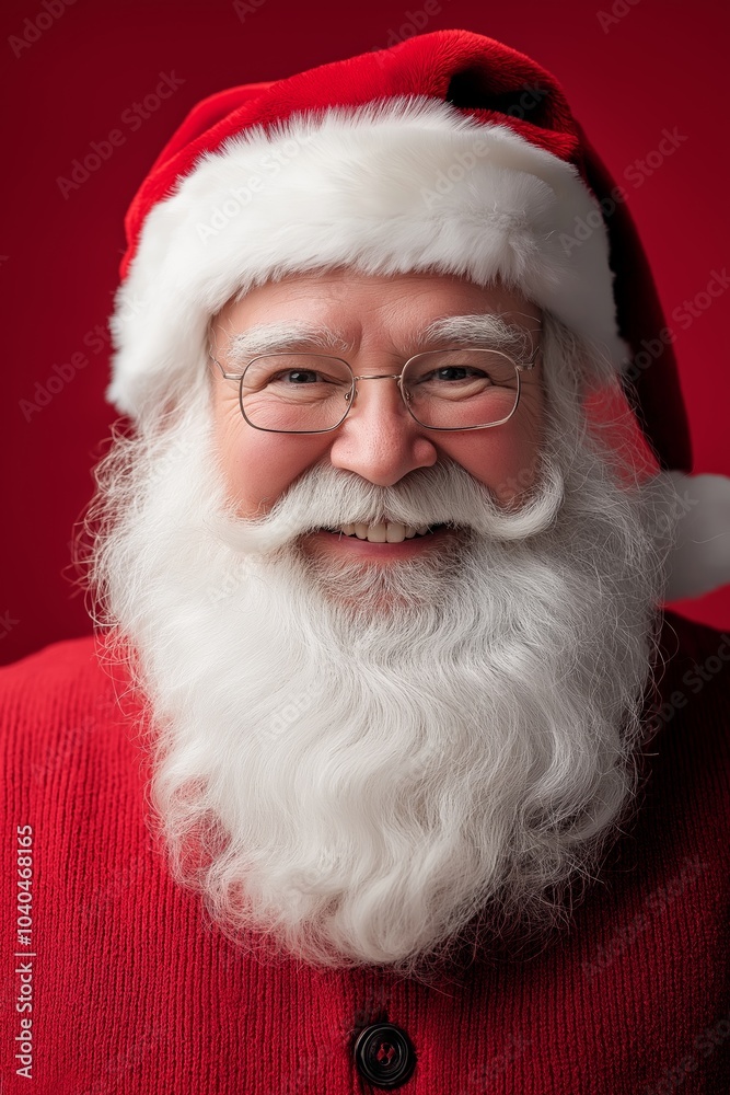 A smiling man with a red hat and glasses is wearing a red sweater. He is a Santa Claus A smiling man with a red hat and glasses is wearing a red sweater. He is a Santa Claus