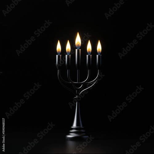 Lit Menorah with Nine Candles on Dark Background