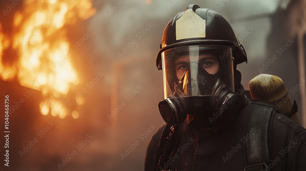 Firefighter in Protective Gear Standing Before a Burning Building Firefighter in Protective Gear Standing Before a Burning Building