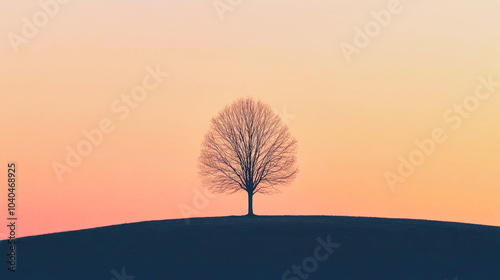 A lone tree silhouetted against a golden and pink sunset sky in a tranquil landscape