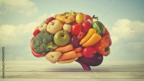 Fototapeta Naklejka Na Ścianę i Meble -  A brain made of fruits and vegetables, Modern lifestyle theme, Whimsical style