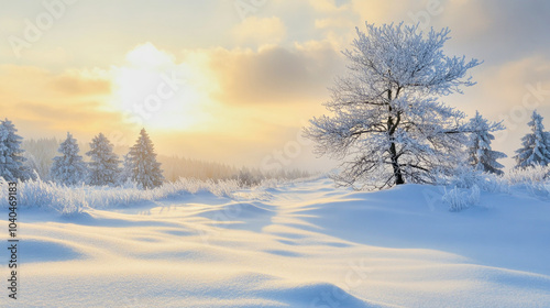 Snow-covered landscape under a pale gray winter sky at dawn