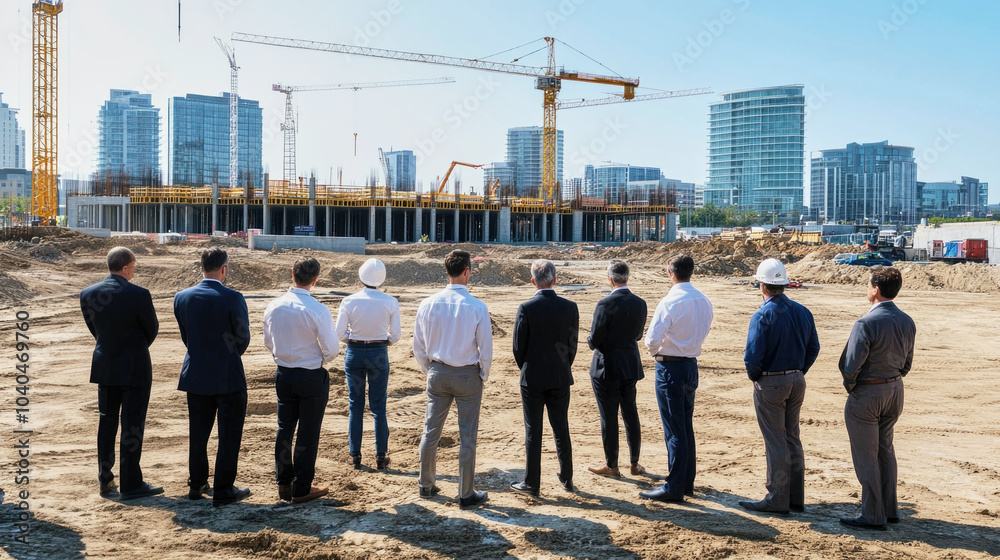 Obraz premium Investors review development plans at a bustling construction site for potential real estate opportunities