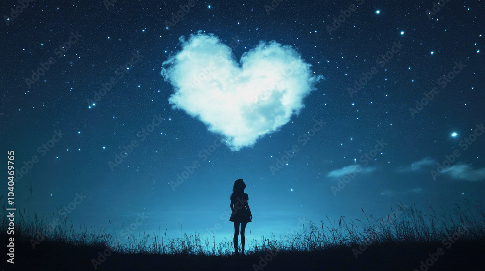 Fototapeta premium A woman admires a heart-shaped cloud illuminating the night sky under the moonlight