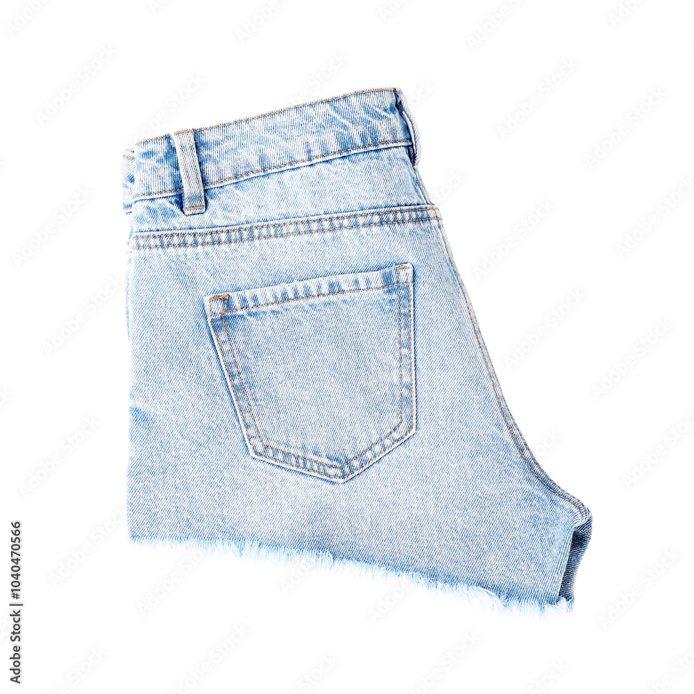Stylish light blue denim shorts isolated on white, top view Stylish light blue denim shorts isolated on white, top view