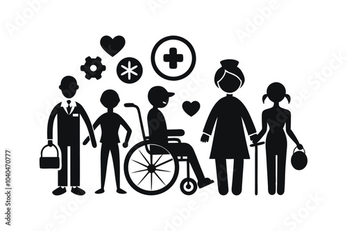 Disability people nursing and disabled health care icon vector art illustration.