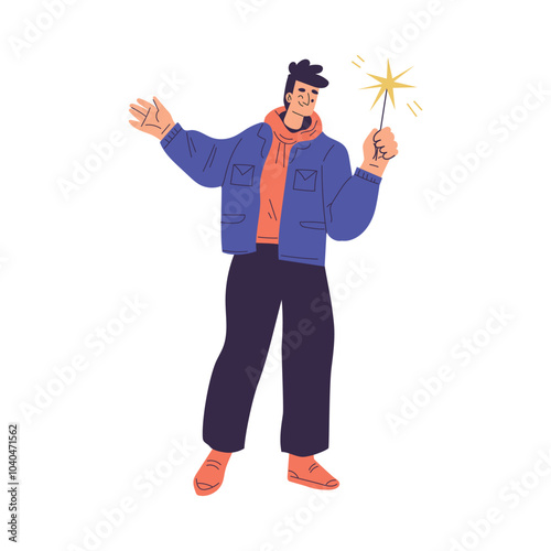 Young Man Character Setting Off Firework Vector Illustration