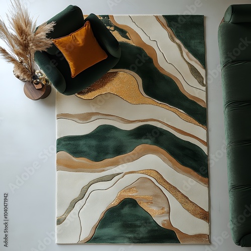 rectangular luxury heavy wool rug, green , gold and cream patterns, soft shimmery rug, lush, elegant, top view