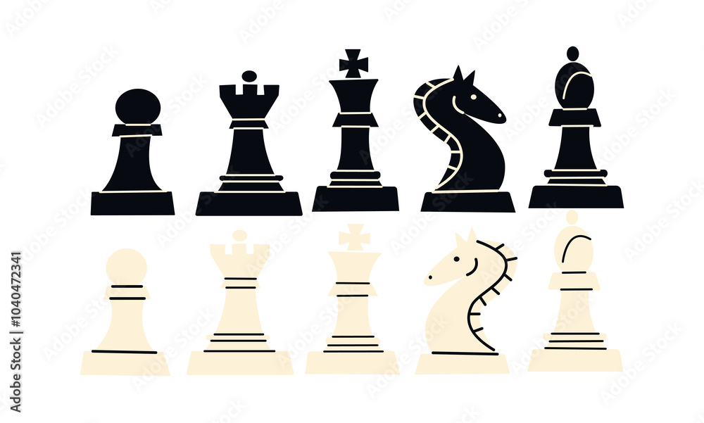 Silhouettes of chess pieces. Black and white pieces: king, queen, rook, pawn, knight, queen, bishop. Game of logic and strategy. Doodle cartoon stickers of chess game by hand drawn Silhouettes of chess pieces. Black and white pieces: king, queen, rook, pawn, knight, queen, bishop. Game of logic and strategy. Doodle cartoon stickers of chess game by hand drawn