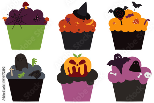 Set of isolated Halloween season elements in doodle hand drawn style on a transparent background : Spooky Cupcake