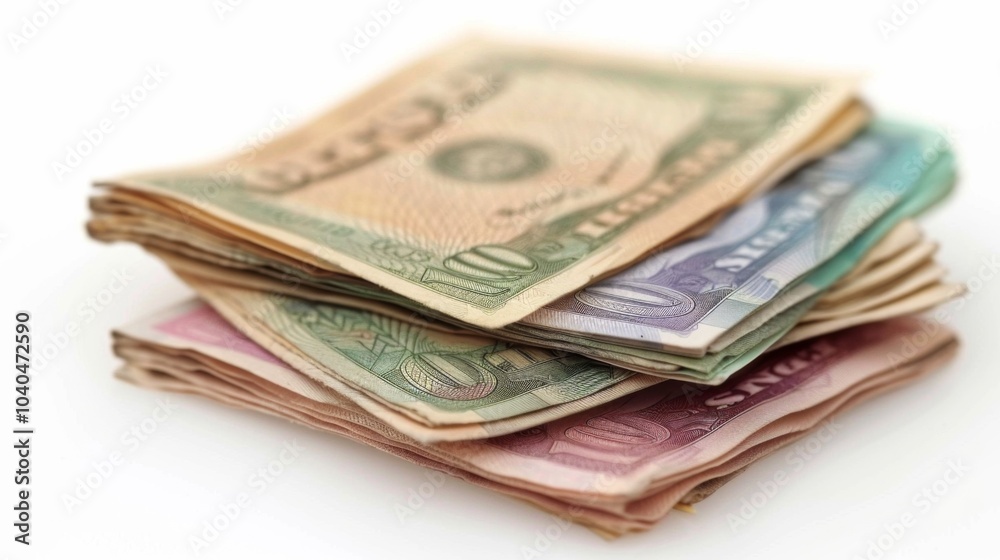 A neatly stacked pile of various colorful currency notes showcasing different denominations on a plain white background, symbolizing wealth and diversity. A neatly stacked pile of various colorful currency notes showcasing different denominations on a plain white background, symbolizing wealth and diversity.