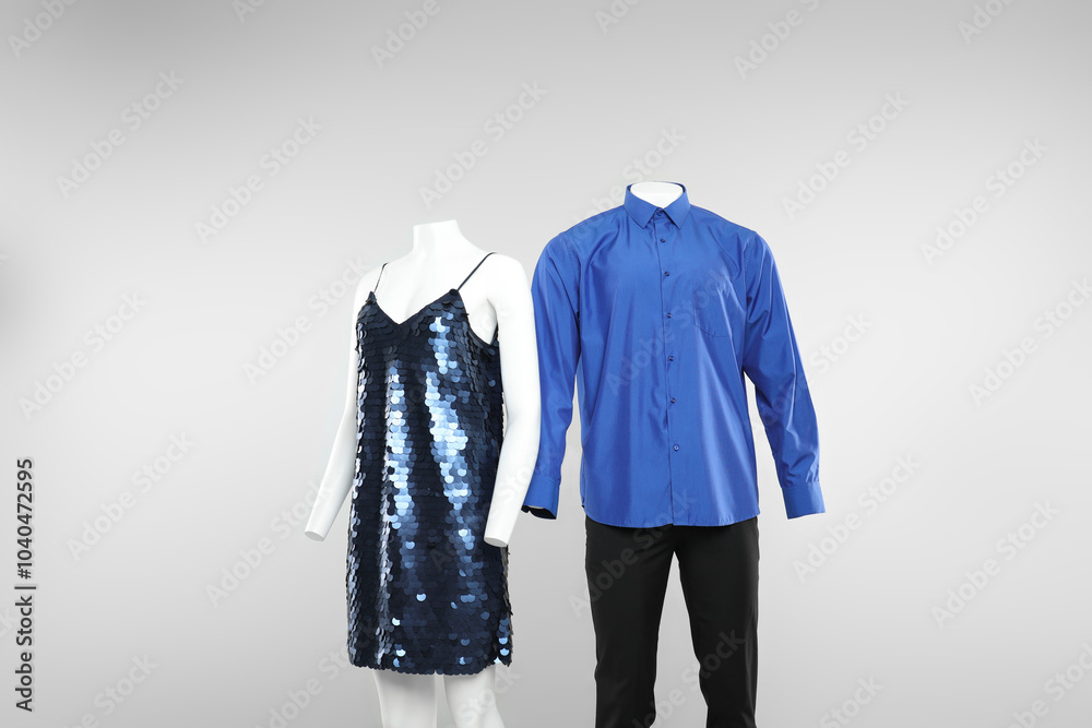 Female and male mannequins with stylish outfits on light background Female and male mannequins with stylish outfits on light background