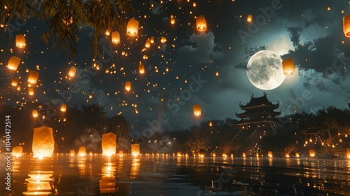 A breathtaking scene of countless glowing lanterns filling the night sky over a tranquil lake, with a traditional pagoda and full moon casting reflections on the water.