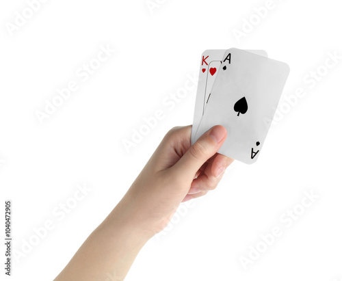 Poker game. Woman holding playing cards on white background, closeup