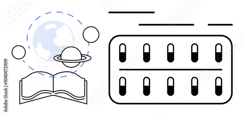 An open book with planets including Earth and capsules in blister packs. Ideal for education, science, healthcare, astronomy, and medicine. Minimalistic, clean design, vector style