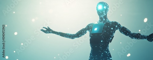 Futuristic robot with a glowing chest stands in a misty atmosphere, embodying advanced technology and the concept of artificial intelligence.