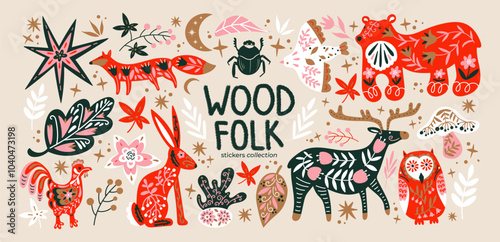 Abstract wood folk shapes with plants, animals, insects and forest elements. Ethnic folk stickers in scandinavian style. Boho animals silhouettes and floral patterns, doodle Scandinavian folk textile 