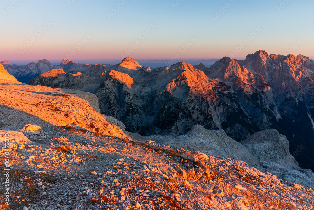 Obraz premium Mountains during sunrise in the Slovenian Alps Julian Alps
