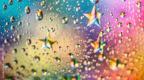 This image beautifully captures vibrant stars surrounded by water droplets, creating a mesmerizing and colorful effect against a rainbow-hued background.