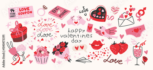 Cartoon stickers for St. Valentine's Day on February 14 in retro 90s style. Romantic elements, love envelope, hearts,love, gifts. Vector shapes set.	 photo