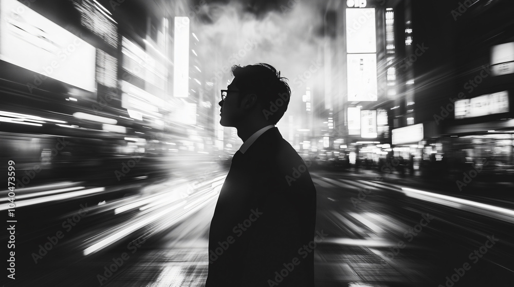 Obraz premium A businessman in a suit, standing in the middle of a busy city street at night, with blurred lights and motion in the background