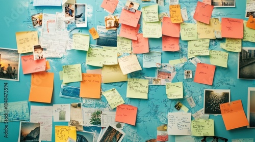 Wall Covered in Colorful Sticky Notes and Photos